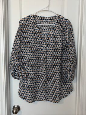 Geometric Print Blue and Cream Blouse
Size L
